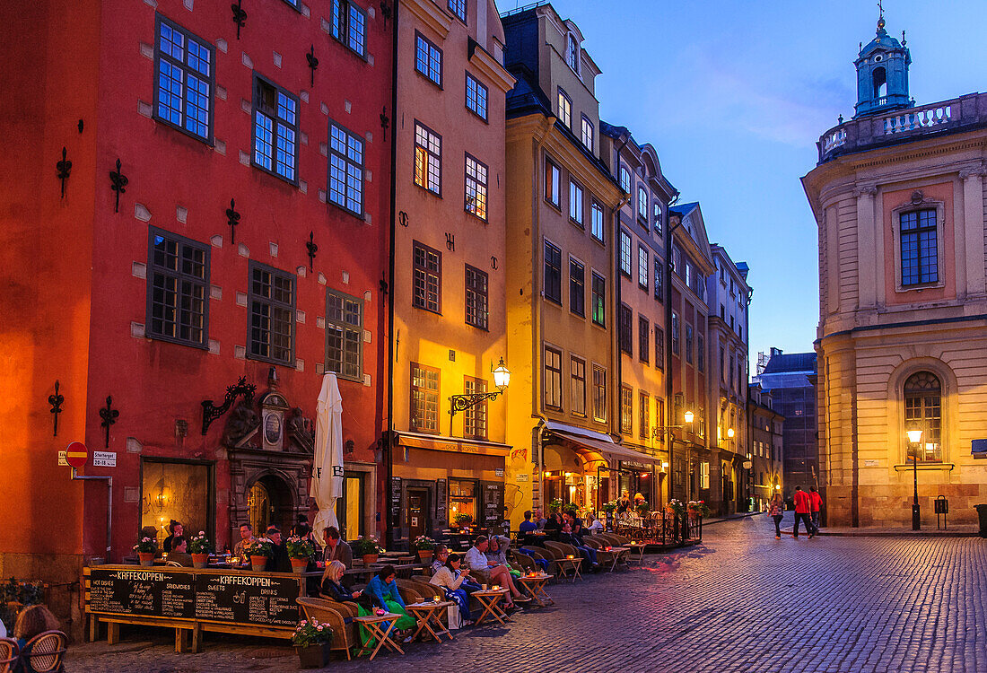 Cafes and restaurants in the main square Stortorget in the old town Gamla Stan, Stockholm, Sweden