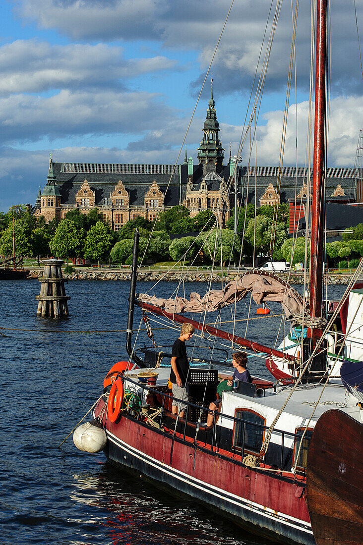 Sailing ship in front of the Nordiskmuseum, Stockholm, Sweden