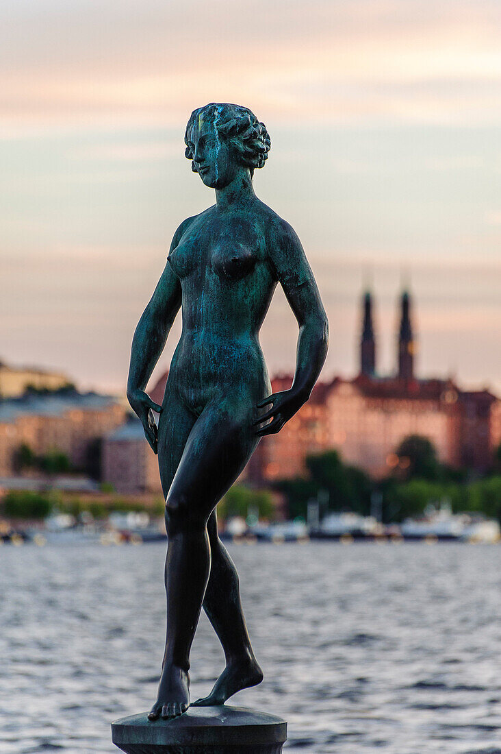 Statue in the garden of the Stadshuset Rathaus. Old town in the background, Stockholm, Sweden
