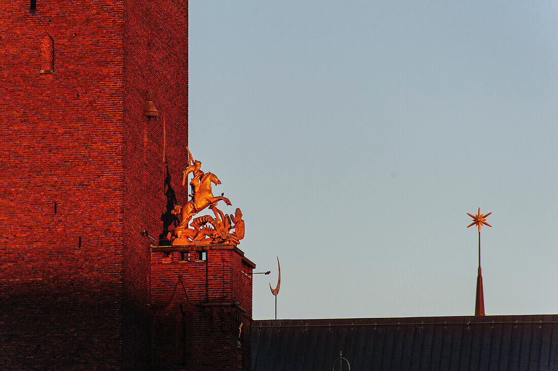 Golden statue of St. George (Dragonslayer) at Stadshuset Town Hall, Stockholm, Sweden