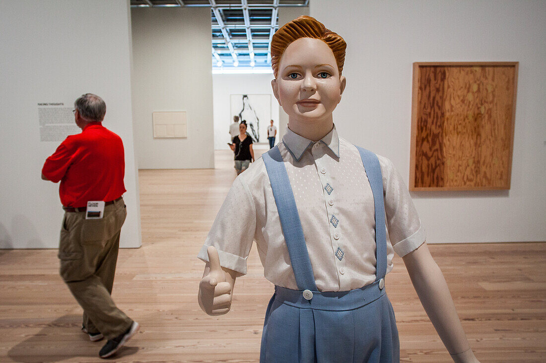 life-sized sculpture of a man at the whitney museum of american art, meatpacking district, manhattan, new york city, state of new york, united states, usa