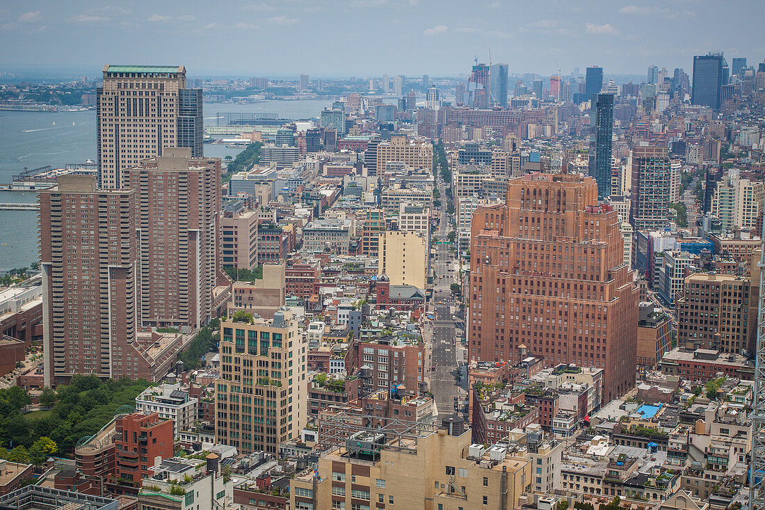 view of the hudson river and the neighborhoods of tribeca, soho and greenwich village from the top of the observatory of one world trade center, one world observatory, financial district, downtown, manhattan, new york city, state of new york, united state