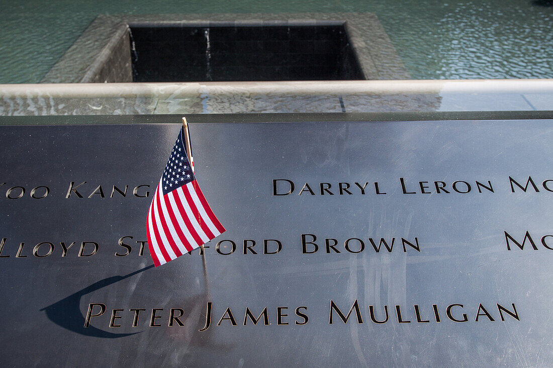 american flag in homage to a victim of the september 11, 2001 terrorist attacks, september 11, 2001 memorial, ground zero, downtown manhattan, new york city, state of new york, united states, usa