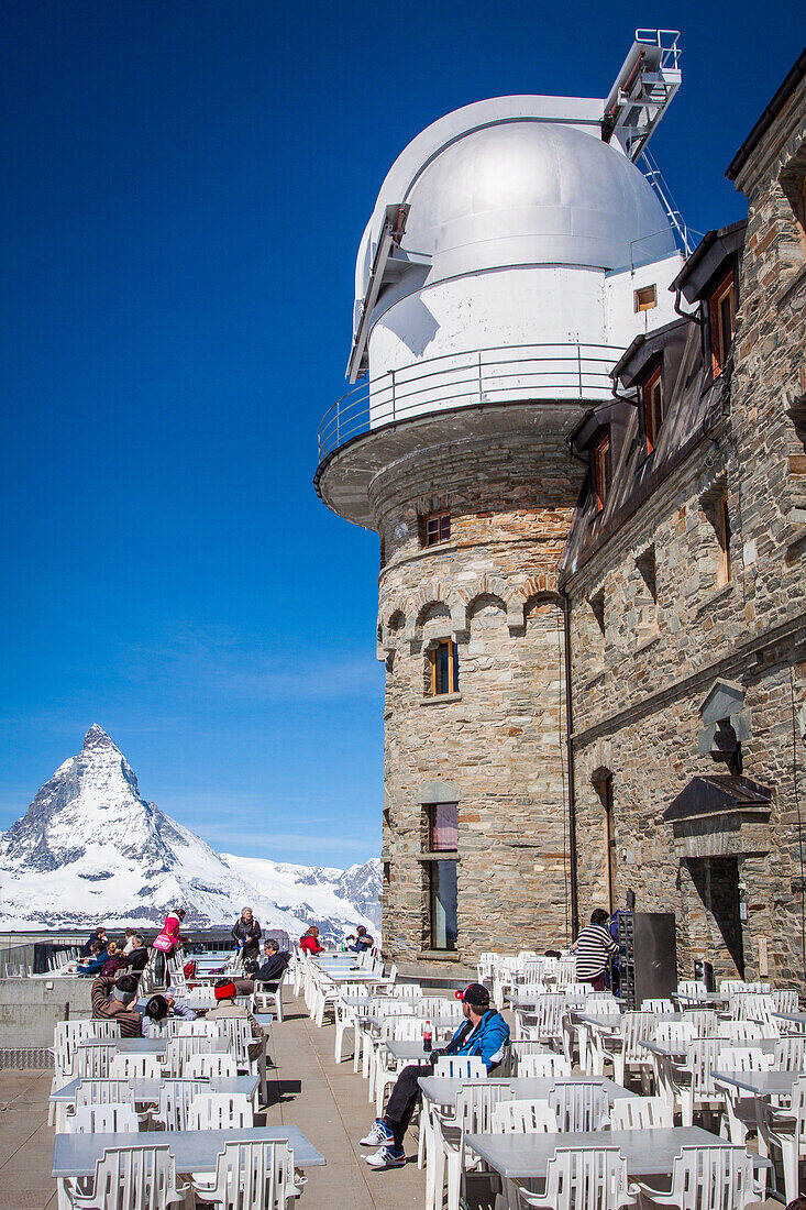 the planetarium of gornergrat with the matterhorn in the background, ski resort, zermatt, canton of valais, switzerland