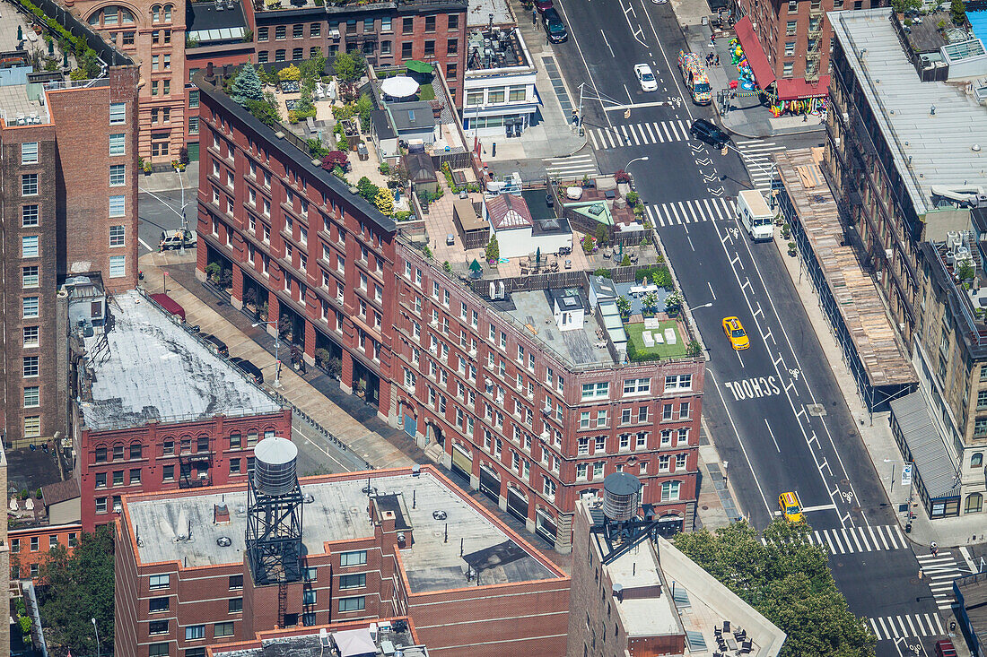 view of the buildings in the neighborhood of tribeca from the observatory at one world trade center, one world observatory, financial district, downtown, manhattan, new york city, state of new york, united states, usa