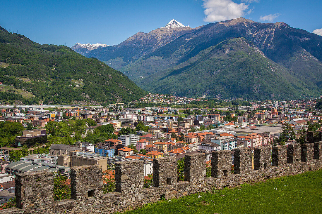 view of the city of bellinzona and the mountains from the ramparts of montebello castle, listed as a world heritage site by unesco, bellinzona, canton of ticino, switzerland