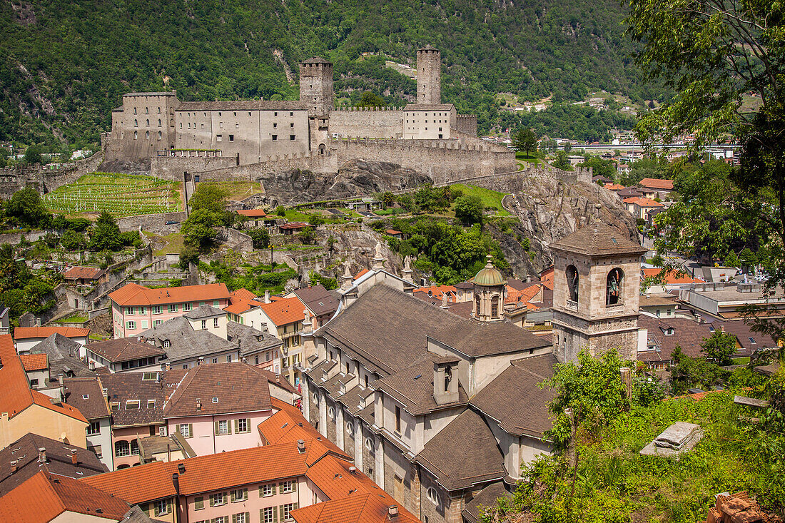 view over the old town of bellinzona and castelgrande castle, listed as a world heritage site by unesco, bellinzona, canton of ticino, switzerland