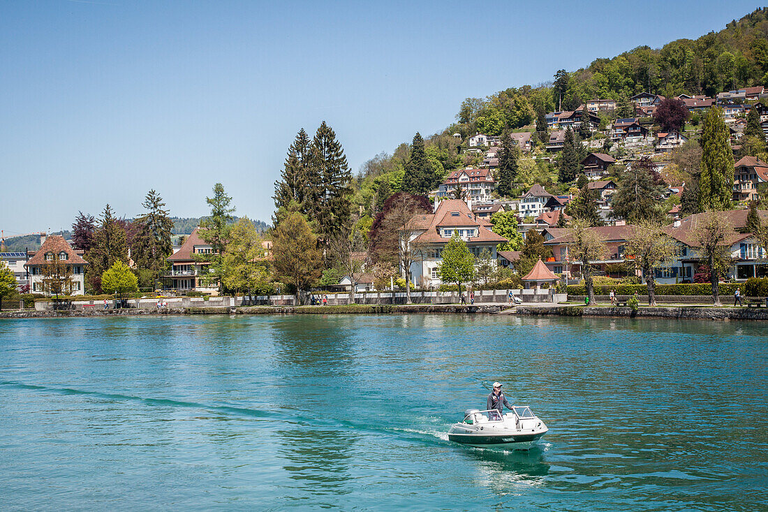 pleasure boater taking his boat out on lake thun, city of thun, canton of berne, switzerland