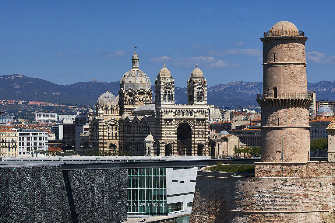 la major cathedral, the mucem and the fanal tower of the saint jean fort, marseille, (13) bouches du rhone, paca, provence alpes cote d'azur, france