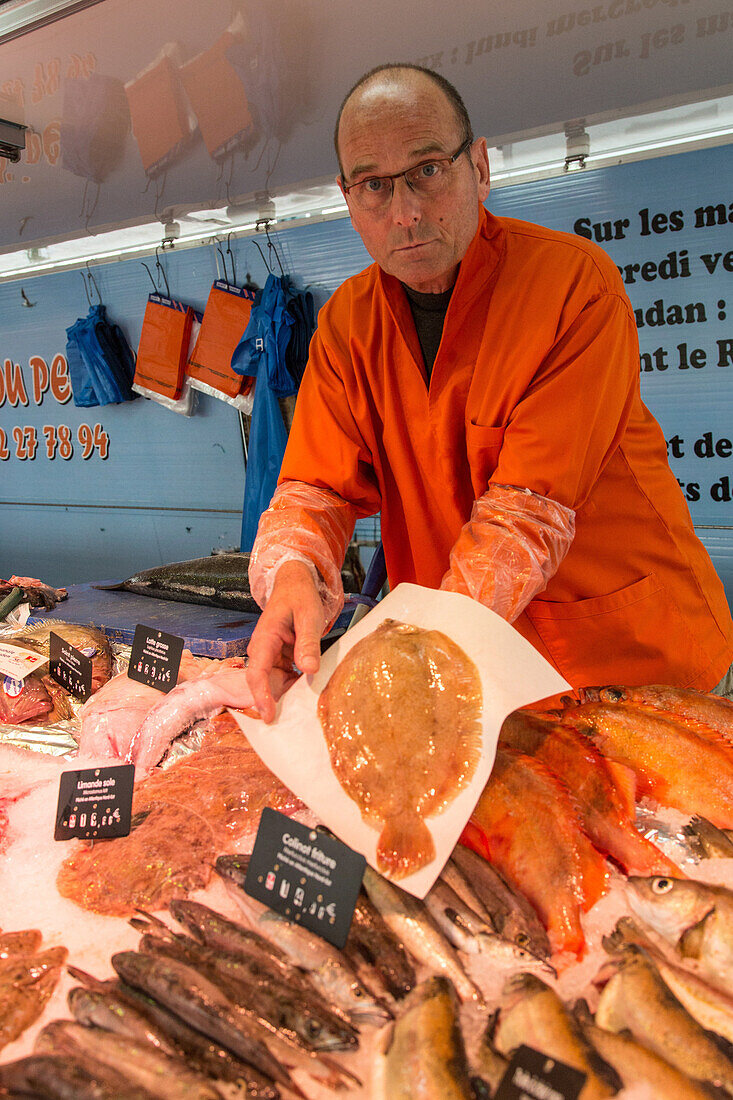 jean-luc duval, fish seller, covered market, chartres (28), france
