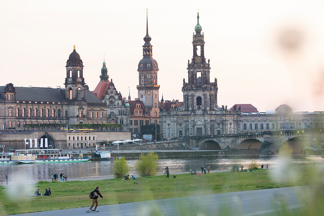 panorama view, skyline, view over the river Elbe to Brühl's Terrace, Canaletto-view, Albertbridge, Zwinger Palace, chathedral, Catholic Court Church, Royal Palace,  steamboat, steamer, tourists, hiking, Dresden, Saxony, Germany, Europe