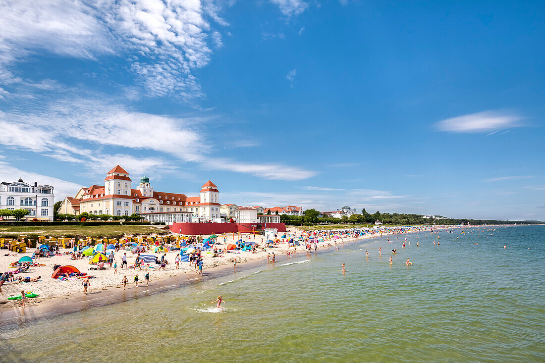 View from pier towards Kurhaus, Binz, Rügen Island, Mecklenburg-Western Pomerania, Germany