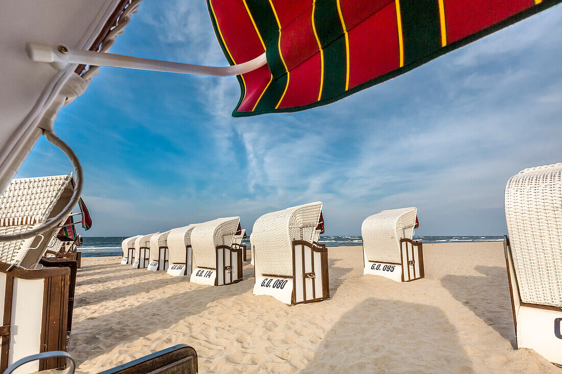 Sellin Pier and beach chairs, Sellin, Ruegen Island, Mecklenburg-Western Pomerania, Germany
