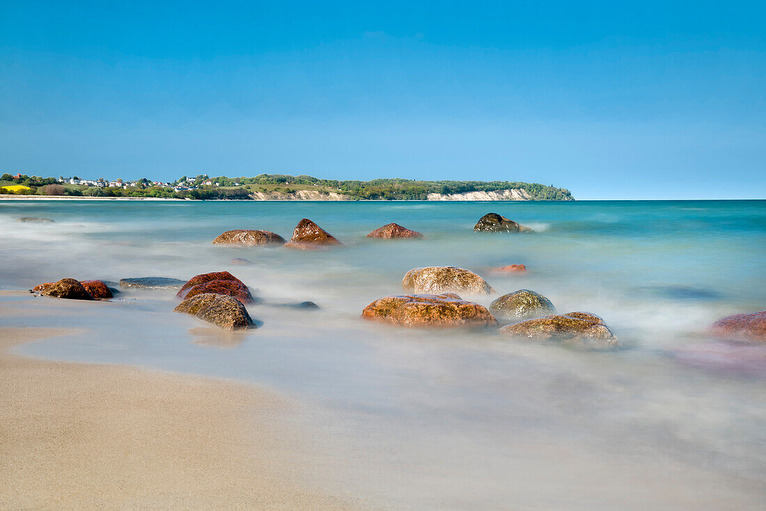 View from beach in Lobbe towards Goehren, Ruegen Island, Mecklenburg-Western Pomerania, Germany