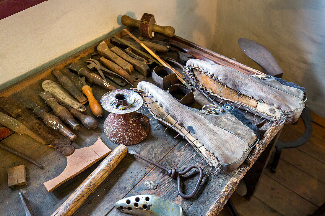 Cobblers studio, historic crafts museum, Gingst, Ruegen Island, Mecklenburg-Western Pomerania, Germany