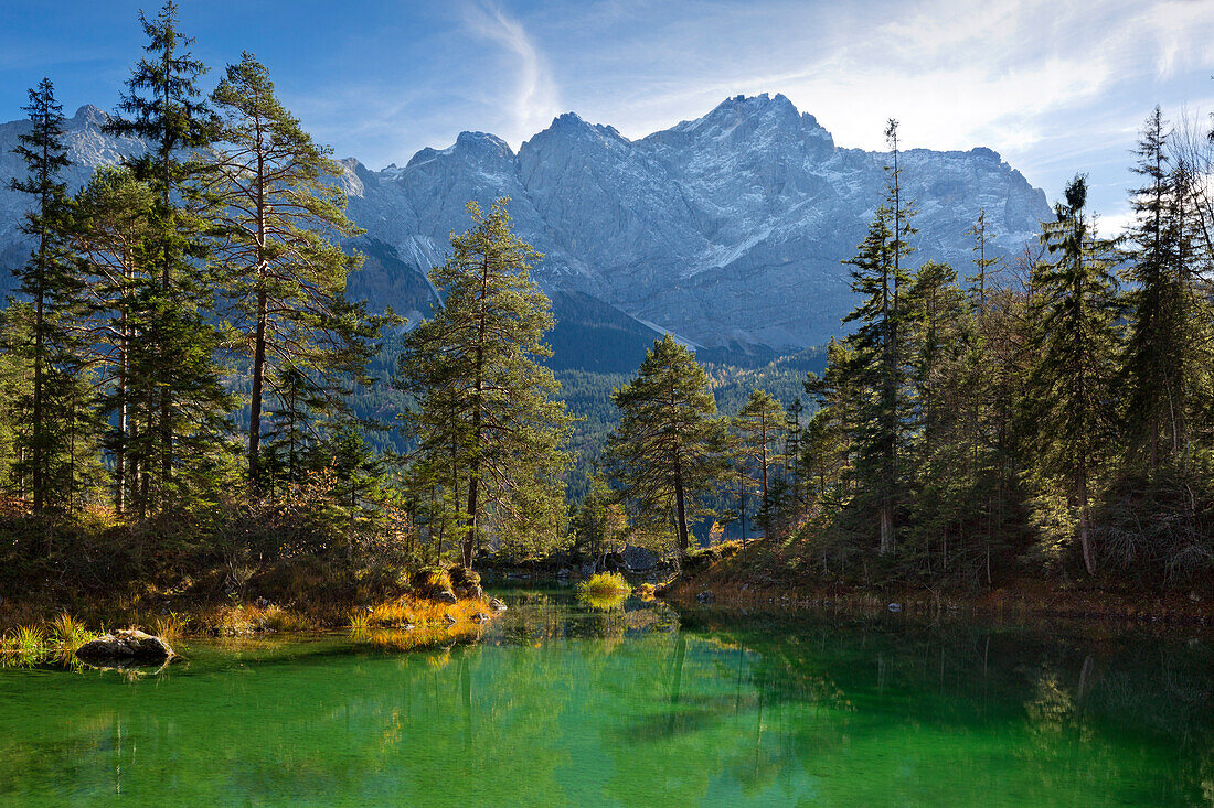 Eibsee below Zugspitze, Werdenfelser Land, Bavaria, Germany