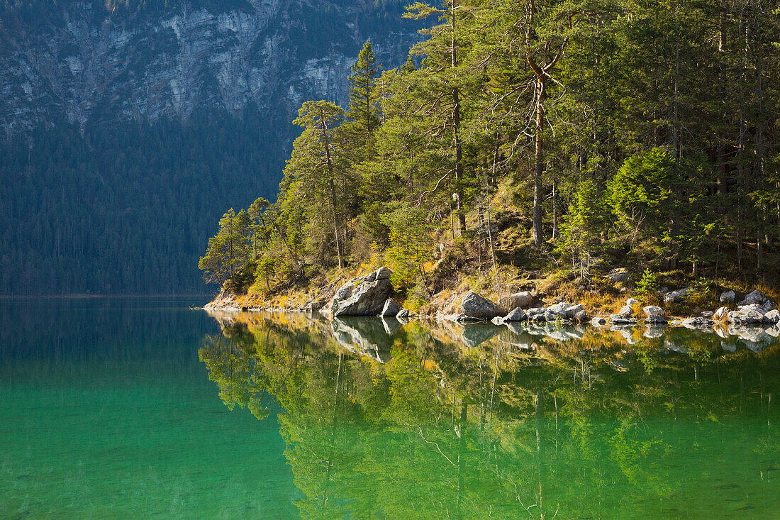 Small island at Eibsee, Werdenfelser Land, Bavaria, Germany