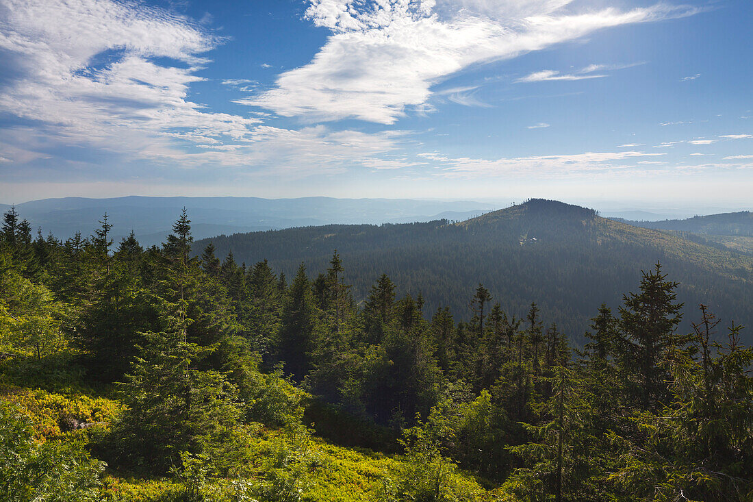 View from Grosser Arber to Kleiner Arber with Chamer Huette, Bavarian Forest, Bavaria, Germany