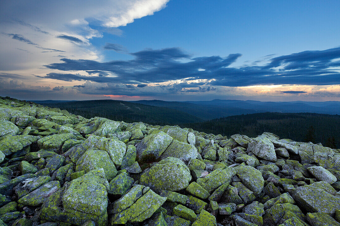 Thunderclouds above the granite block-fall at the Lusen summit, Bavarian Forest, Bavaria, Germany