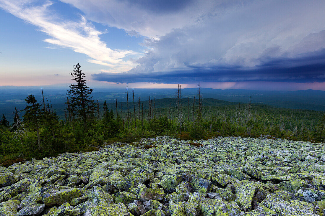 Thunderclouds above the granite block-fall at the Lusen summit, Bavarian Forest, Bavaria, Germany