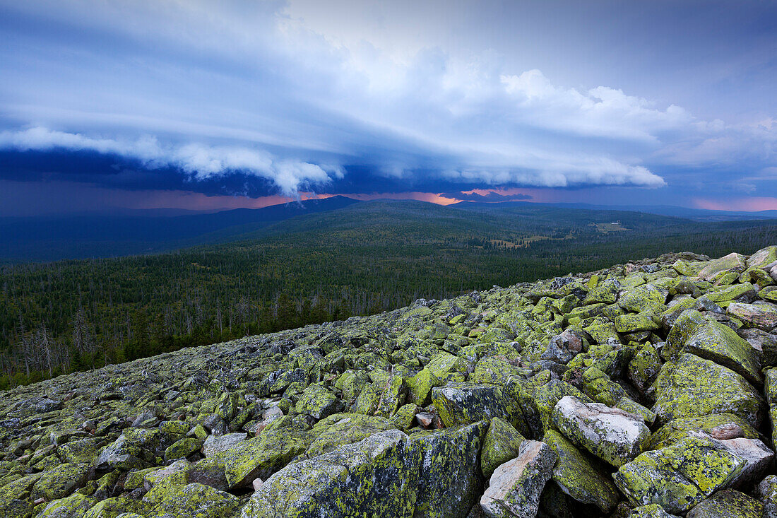 Thunderclouds above the granite block-fall at the Lusen summit, Bavarian Forest, Bavaria, Germany