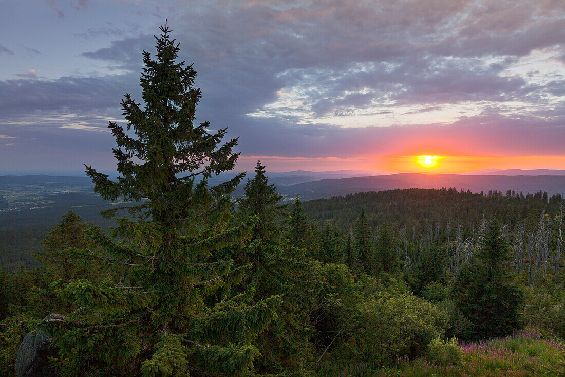 Sonnenuntergang, Blick vom Dreisesselberg über den Bayrischen Wald, Bayern, Deutschland