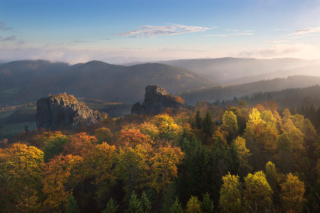 Morning mist, Bruchhauser Steine, near Olsberg, Rothaarsteig hiking trail, Rothaar mountains, Sauerland, North Rhine-Westphalia, Germany