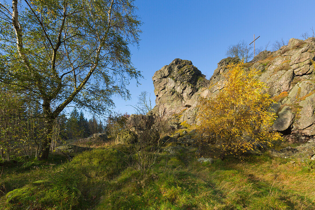 Morgennebel, Bruchhauser Steine, bei Olsberg, Rothaarsteig, Rothaargebirge, Sauerland, Nordrhein-Westfalen, Deutschland