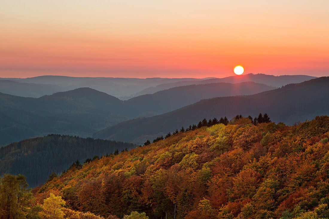 Sunset, view over the woody hills, near Wildewiese, Rothaar mountains, Sauerland, North Rhine-Westphalia, Germany