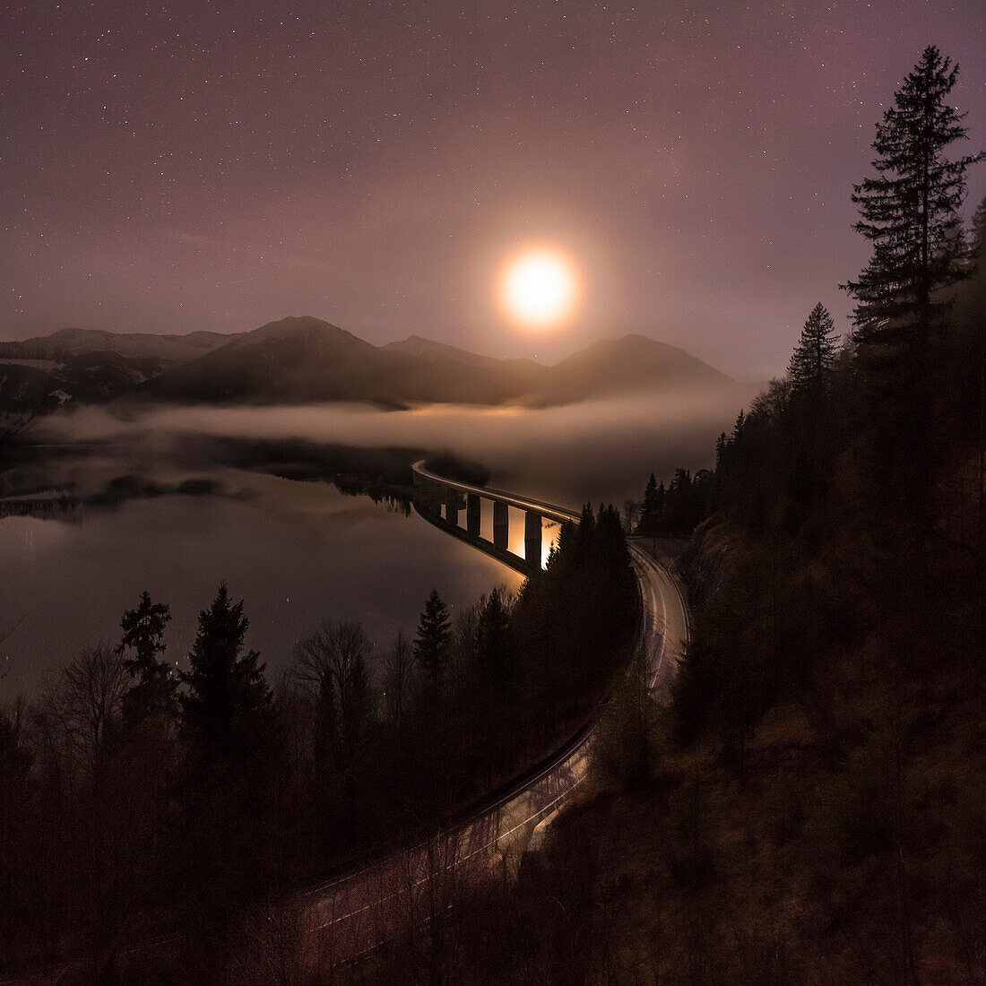 fog coming in at the Faller-Klamm-bridge at the Sylvensteinspeicher, Lenggries, Bavaria, Germany