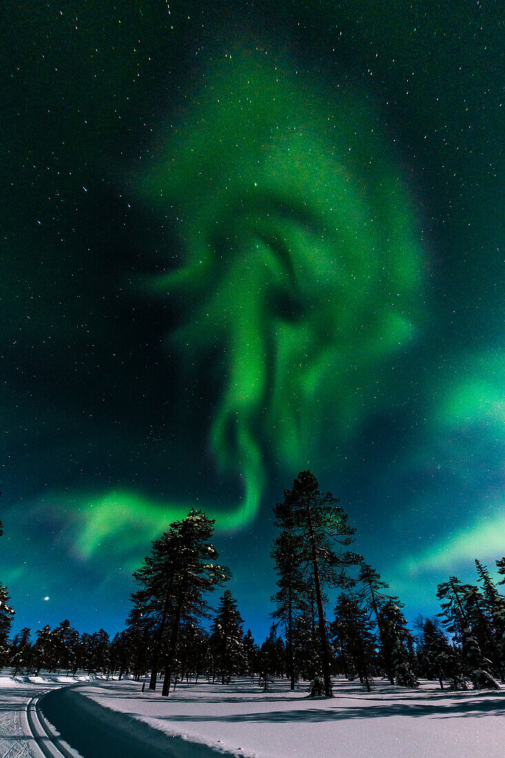 Nordlicht über den Loipen von Luosto, finnisch Lappland