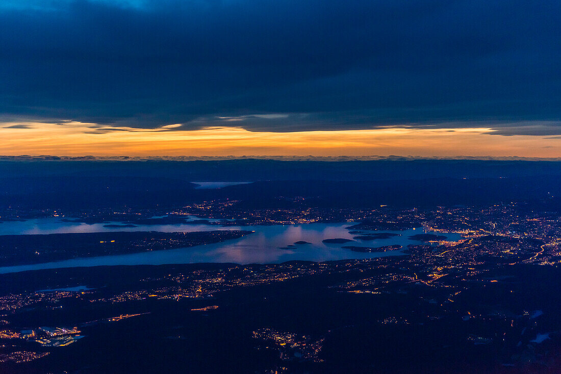 aerial shot of Oslo during sunset, Oslo, Norway