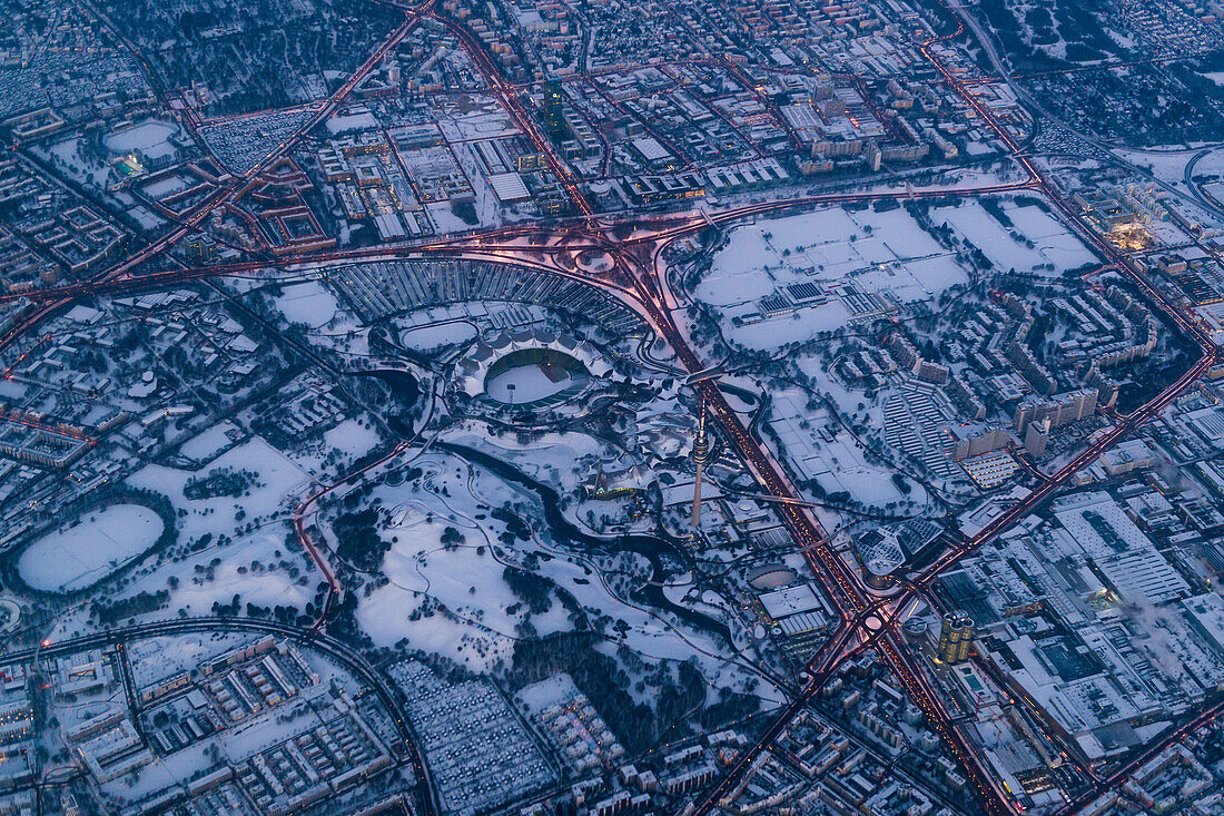 aerial shot of the Olympiapark in Munich in the early morning, Munich, Bavaria, Germany