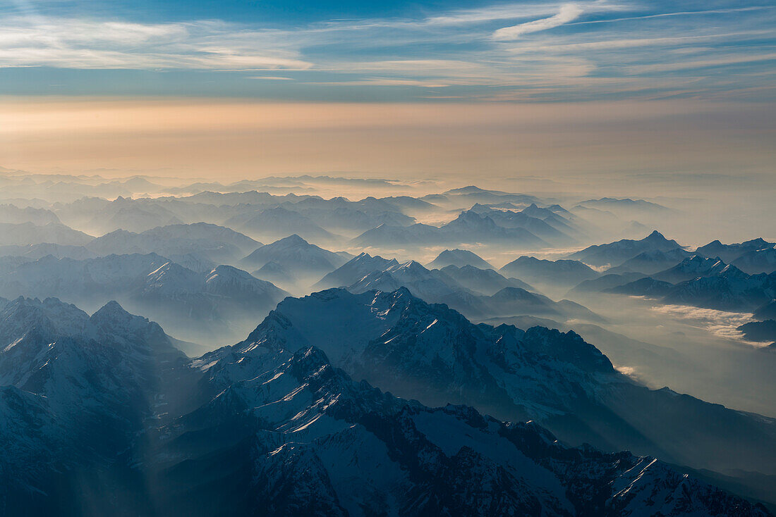 haze in the valleys arount the Zugspitze, aerial image,  Bavaria, Germany