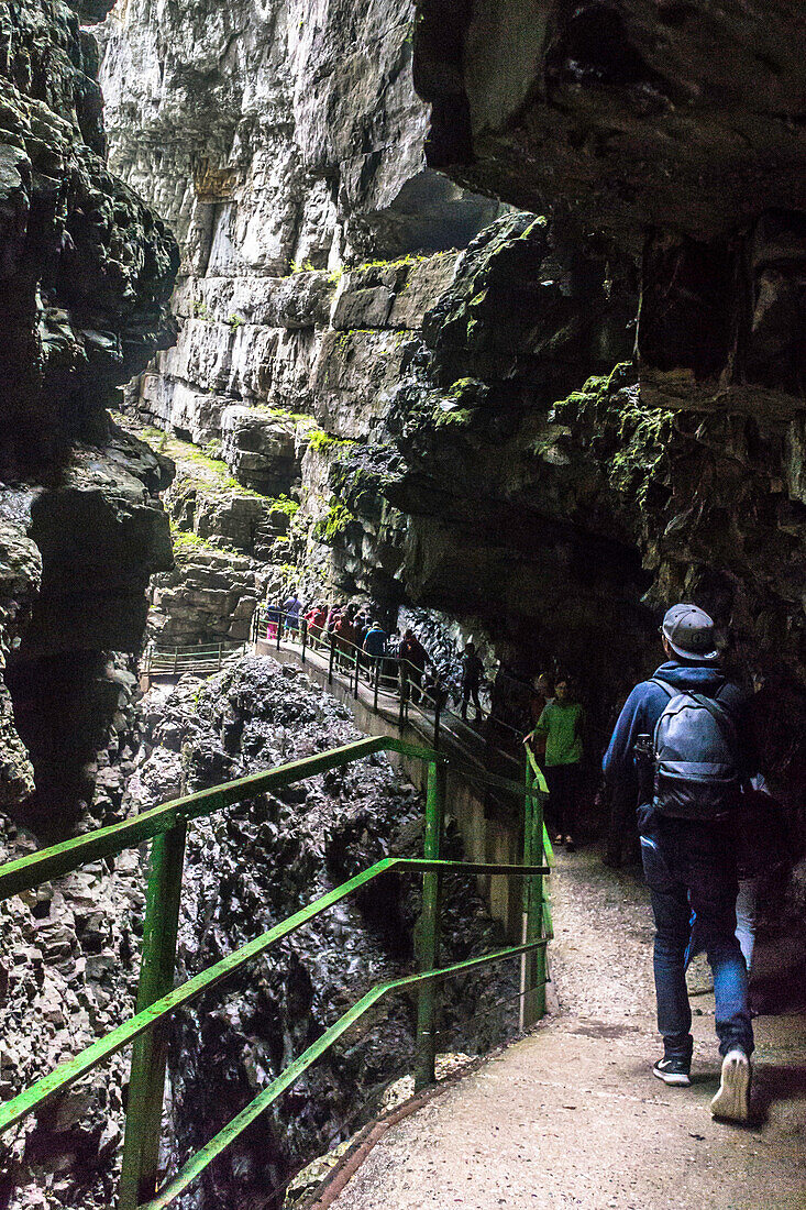 Flusslandschaft, Wasserlauf, Berg, Bergfluss mit Wasserkaskade, Treibholz, Wanderer, Wanderurlaub in der Natur, Breitachklamm, Bayern, Oberallgäu, Oberstdorf, Alpen, Deutschland