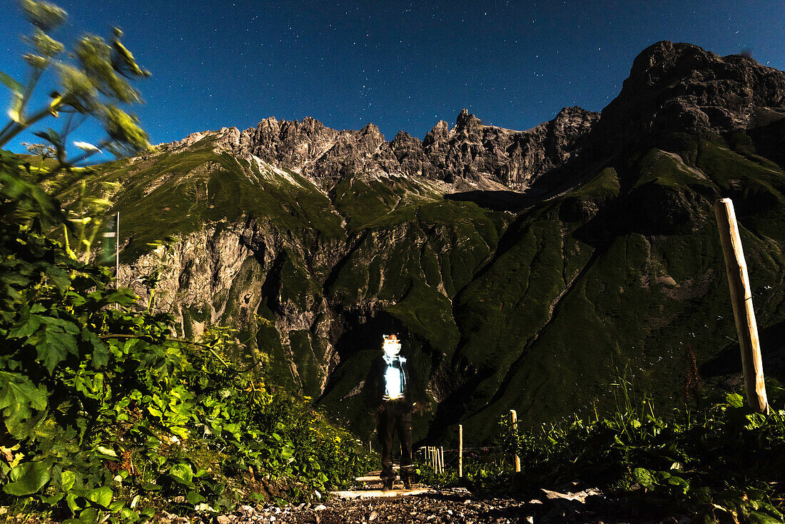 Muttlerkopf at night, Kemptner Hütte, long-distance hiking trail, mountain landscape, summit, hiking holiday, nature, Mountain tour, starry sky, summit, moonshine, hiking trails, Allgäu, Alps, Bavaria, Oberstdorf, Germany