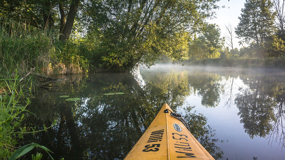 Biosphärenreservat Spreewald, Unterspreewald, Brandenburg, Deutschland, Wasserwandern, Kajaktouren, Naherholungsgebiet, Familienurlaub, Familienausflug, Paddeln, Rudern, Wildnis, Ausflug, Tagesauflug, Flusslandschaft, Morgennebel, Wasserspiegelung