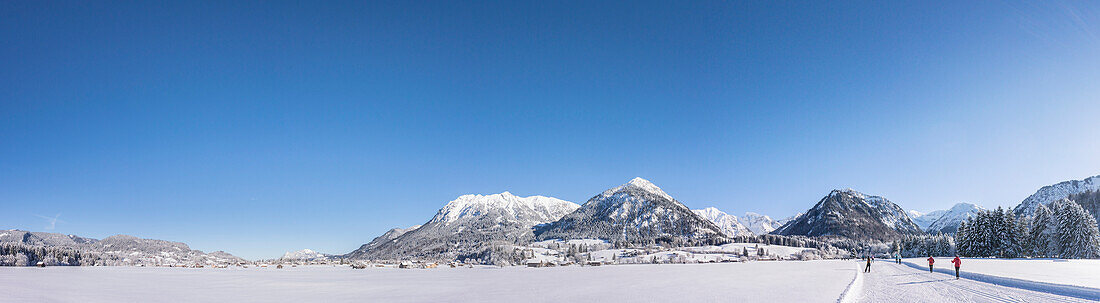 Germany, Bavaria, Alps, Oberallgaeu, Oberstdorf, winter landscape, winter sports, cross country skiing, cross country skating, cross country ski track, mountain panorama