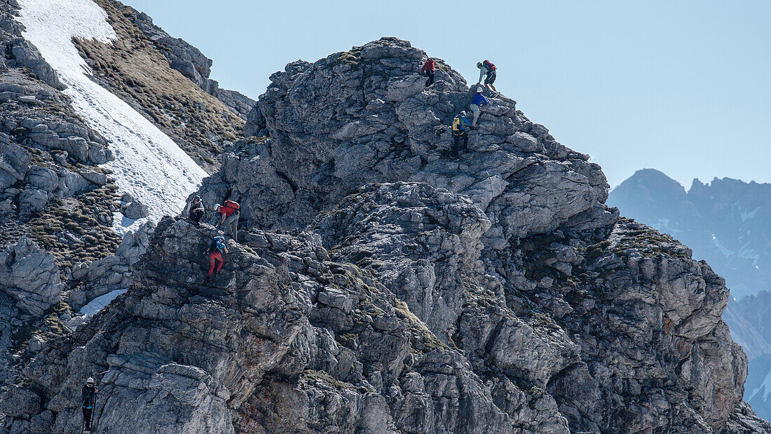 Germany, Bavaria, Alps, Oberallgaeu, Oberstdorf, Excursion, Climbing, Via Ferrata, Mountain Hike towards summit cross, Climbing tour, Summer Holidays, Summit Cross