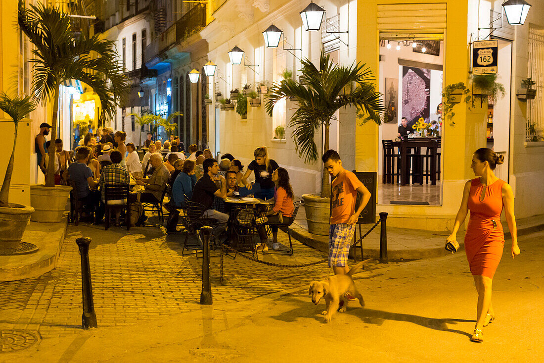 tourists, local people, woman in a red dress, outdoor seating at the restaurant Chacon 162, historic town, center, old town, Habana Vieja, Habana Centro, family travel to Cuba, holiday, time-out, adventure, Havana, Cuba, Caribbean island