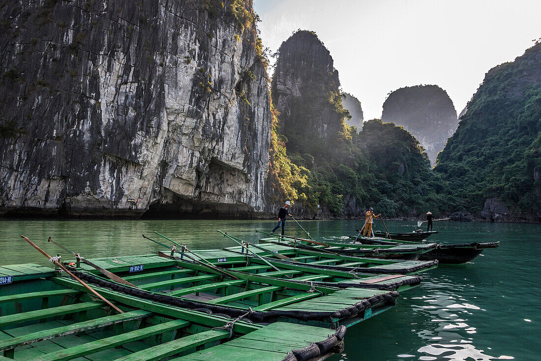 Vietnam, Ha Long Bay, small stroll boats lining up (UNESCO World Heritage)