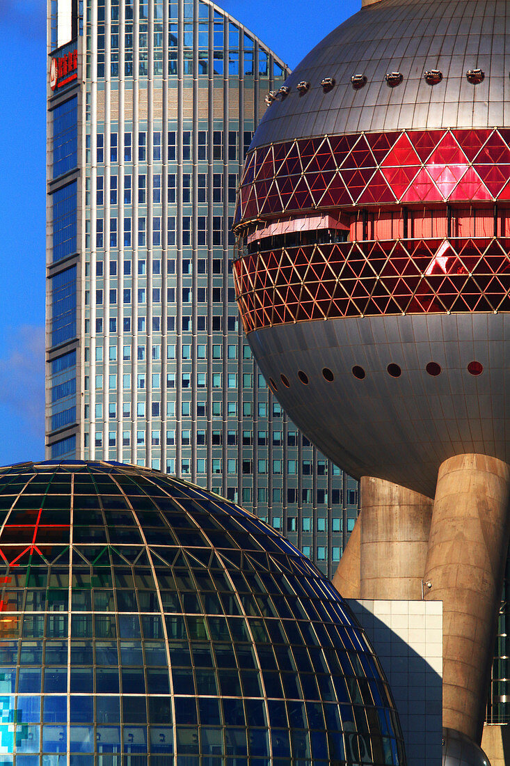 Asia, China, Shanghai.. Lujiazui. Pudong. Oriental Pearl Tower. Shanghai International Convention Center