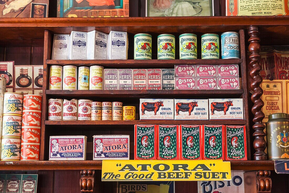 Wales, Cardiff, St Fagan's, Museum of Welsh Life, Gwalia Supply Store, Interior display of Historic and Vintage Food and Household Products