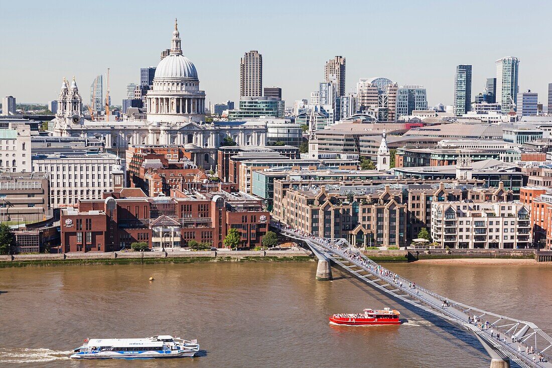 England, London, Aerial View of St Pauls Cathedral and River Thames