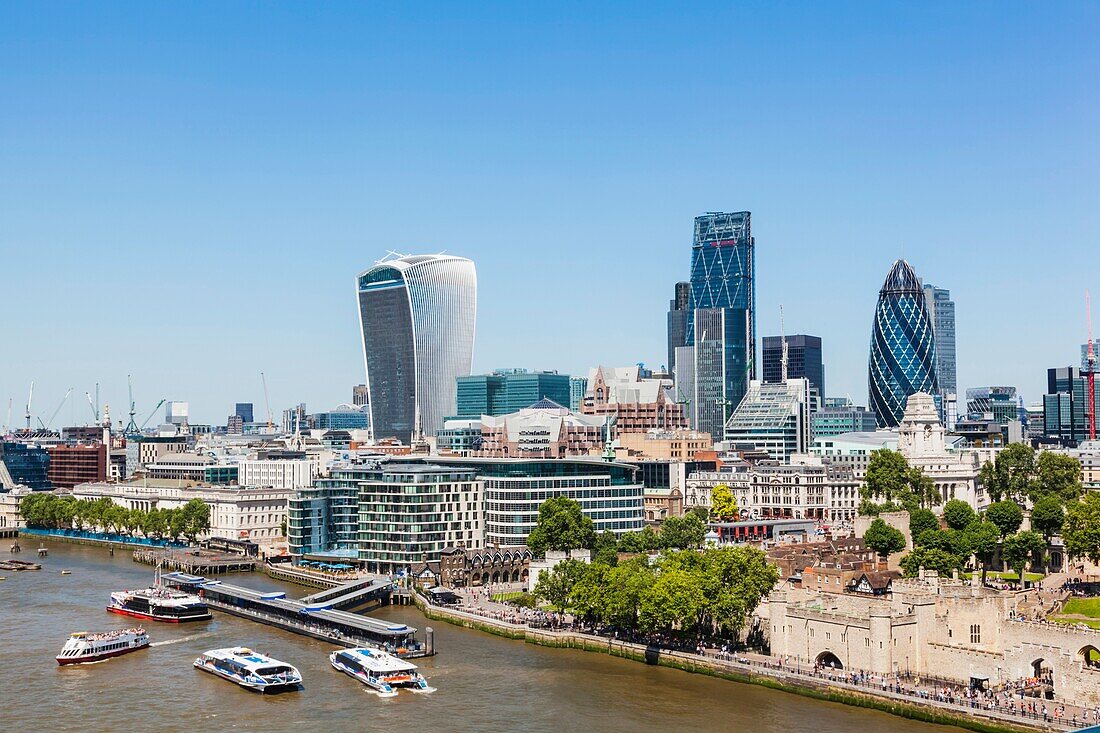 England, London, City Skyline and Thames River from Tower Bridge