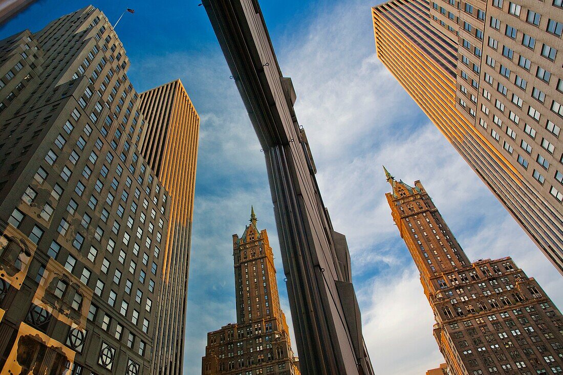 Reflection in showcase of the Fifth Avenue, At right building Apple Store and the Sherry Netherland in the background, 5th Avenue, Midtown, Manhattan, New York City, USA