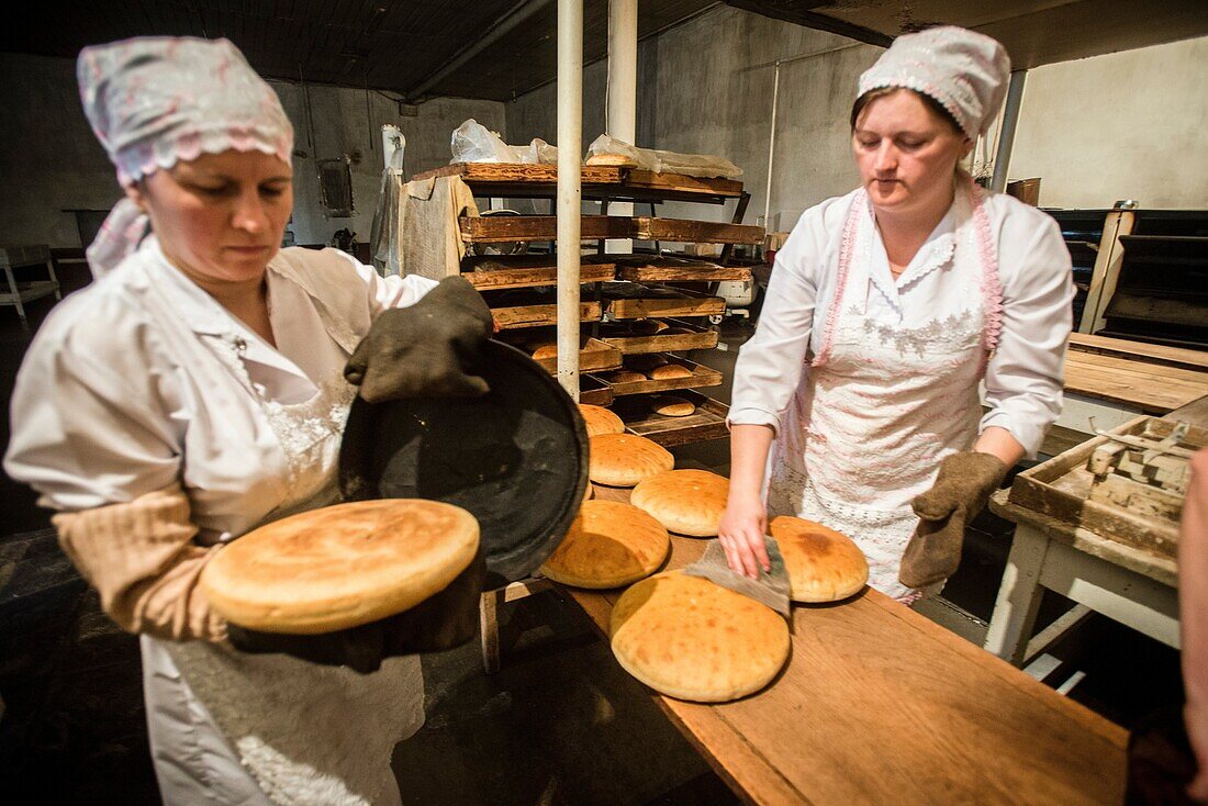 Workers of the Nikitin Kolkhoz bakery prepare bread, Ivanovka village, Azerbaijan, Bakery makes bread for local people, Children from school and kindergarden of Ivanovka eat only this bread, because it's made with natural products, We don't add any chemic