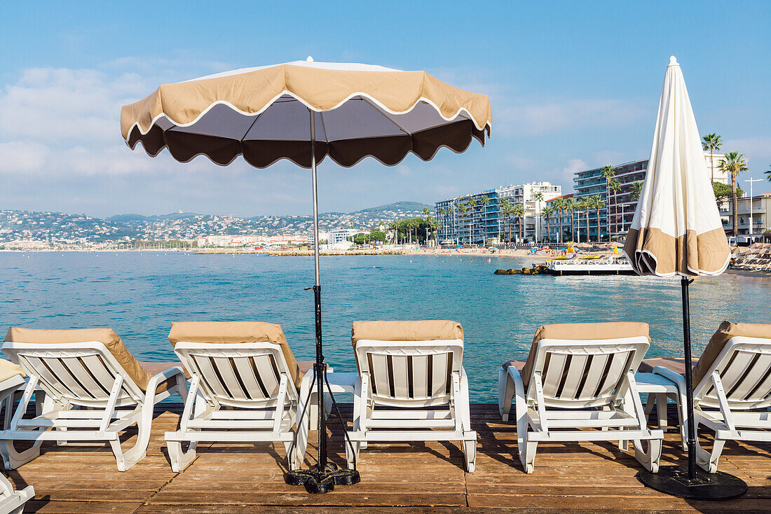 Rows of empty beach lounges in Juan les Pins, Cote d'Azur, Provence, France, Mediterranean, Europe