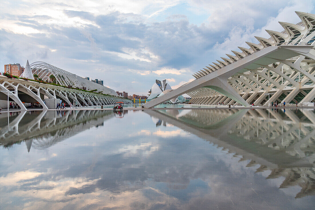 A buggy has a perfect reflection at the Valencia City of Arts and Sciences, Valencia, Spain, Europe