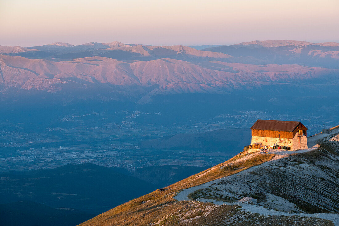 Duca degli Abruzzi mountain hut at sunrise, Gran Sasso e Monti della Laga National Park, Abruzzo, Italy, Europe